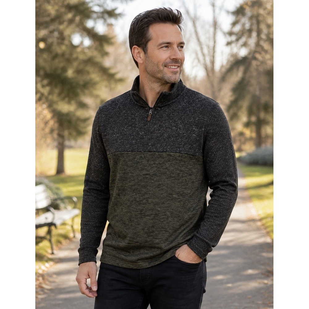 London Fog Men's Green  Gray Colorblock Knit 1/4 Zip Sweater XL Mock Neck